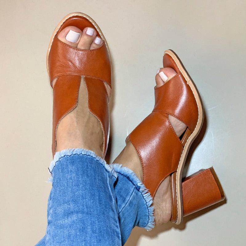 Vibonanza | Leren Dames Slingback Sandalen met Blokhak Bruin