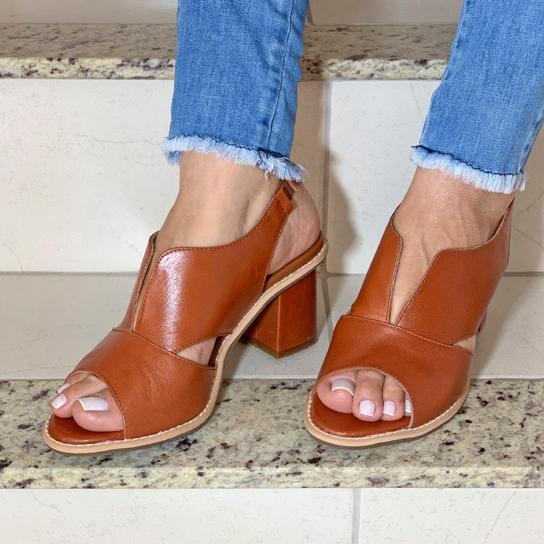 Vibonanza | Leren Dames Slingback Sandalen met Blokhak Bruin