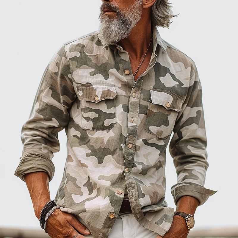 Vibonanza | Heren Camouflage Cargo Overhemd met Lange Mouw