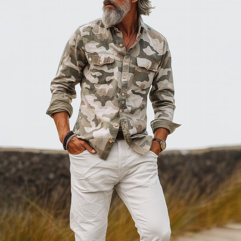 Vibonanza | Heren Camouflage Cargo Overhemd met Lange Mouw