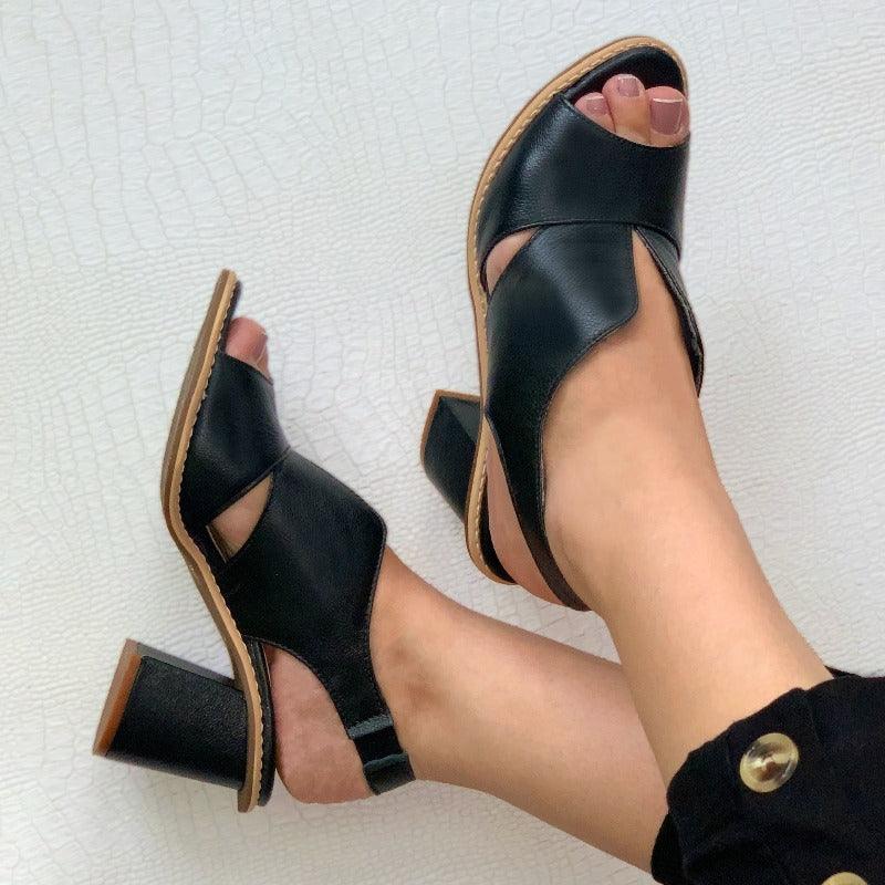 Vibonanza | Leren Dames Slingback Sandalen met Blokhak Bruin