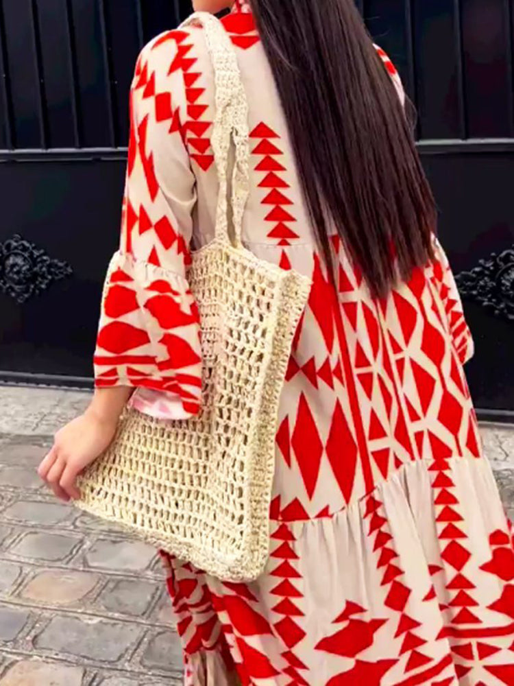Vibonanza | Bohemian Maxi Jurk met V-Hals en Driekwart Mouwen