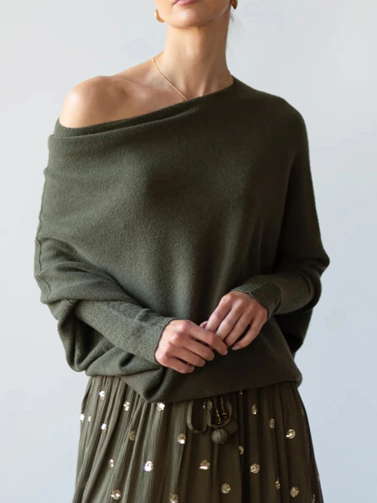 Vibonanza | Gedrapeerde Asymmetrische Trui Olive Groen